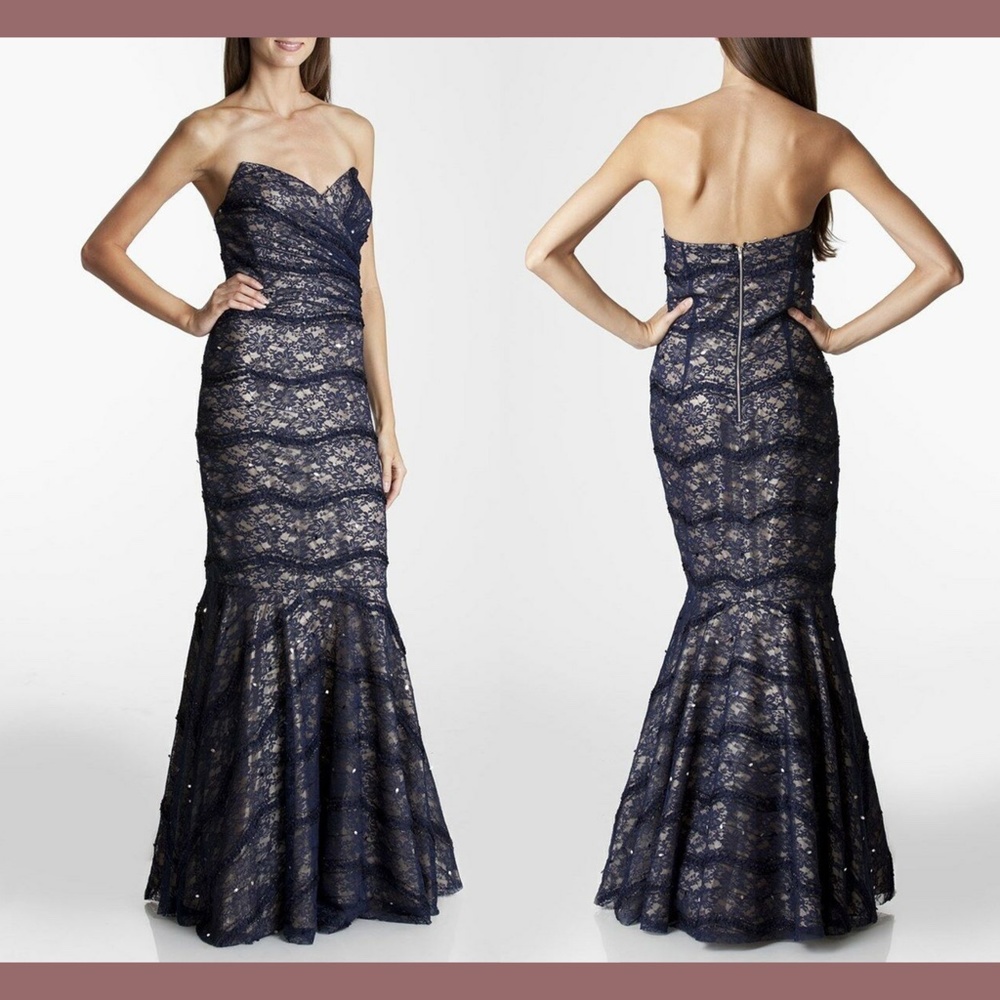 NEW JS Collections Strapless Lace Trumpet Gown‎ 10 Navy
